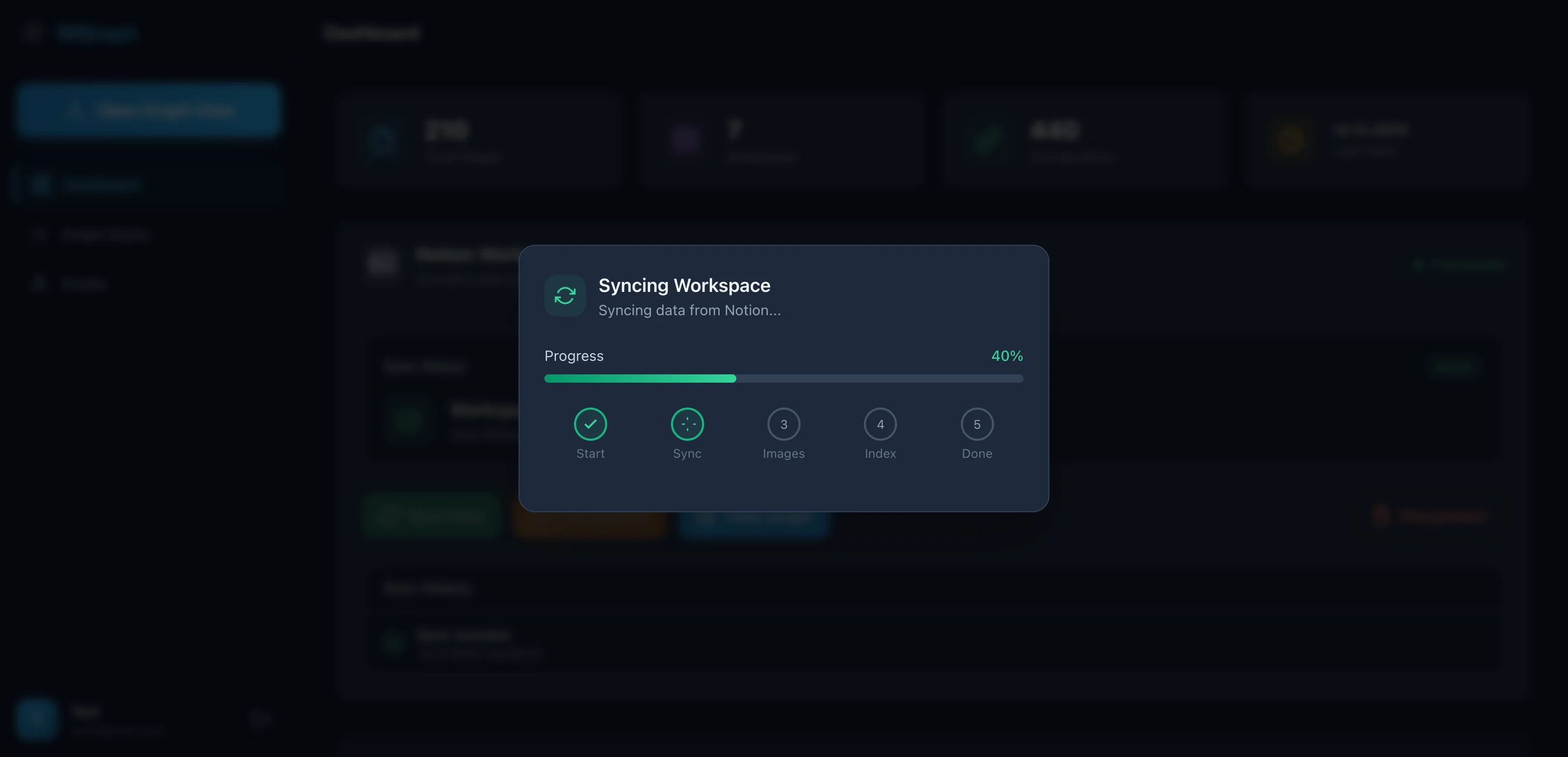 Sync progress modal with steps: Start, Sync, Images, Index, Done
