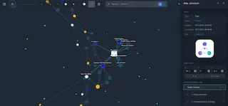 IVGraph 3D node details panel showing Notion page properties, connections count, and linked database tasks